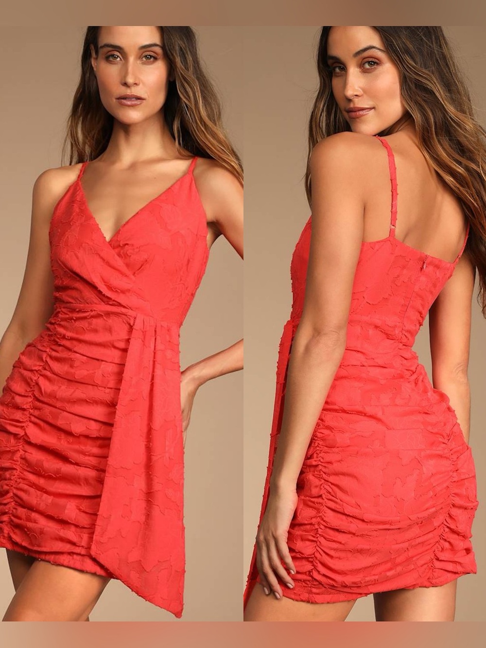 Lulus | Primped to Perfection Red Floral Burnout Chiffon Ruched Dress